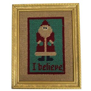 Vintage Primitive Santa I Believe Plastic Canvas Framed No Glass Finished